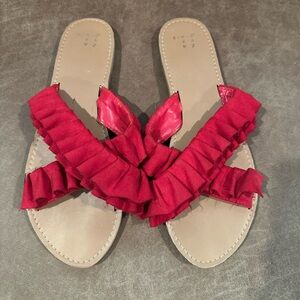 Red Faux Suede Cross Cross Ruffle Sandals 9.5